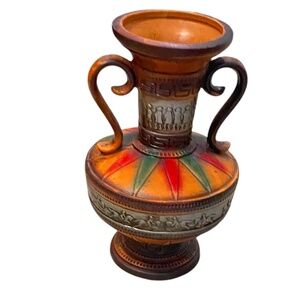 Vintage‎ Norleans Greek Motif Vase Double Handled Footed Embossed Hand Painted